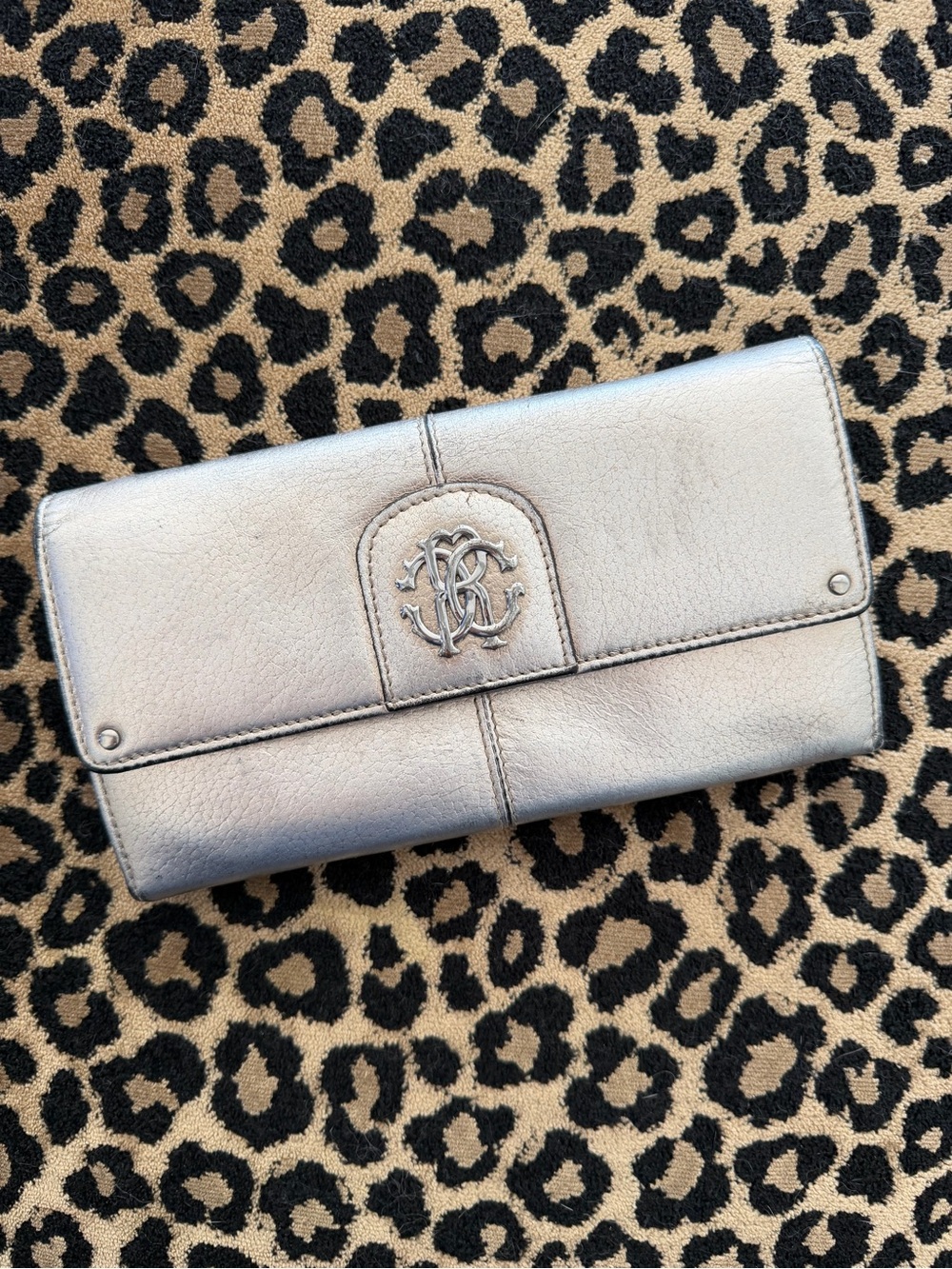 Roberto Cavalli Metallic Silver Leather Continental Wallet with Logo